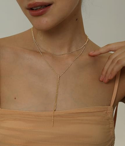 Dainty Gold Necklace for Women, Cute Long Necklace 14K Gold Plated CZ Lips Bead Y Shaped Lariat Necklace Simple Gold Choker Necklace Aesthetic Drop Necklace Trendy Gold Jewelry for Women - color: Gold-Satellite Y Necklace