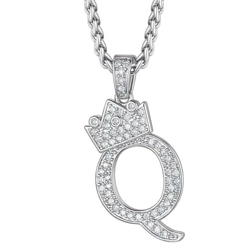 Richsteel Silver Crown Initial A-Z Letter Pendant Necklace for Men Women | Cubic Zirconia Monogram, 316L Steel Chain, 22" + 2" Extender,Hypoallergenic,Gift Box, Hip Hop Jewelry - style: Q