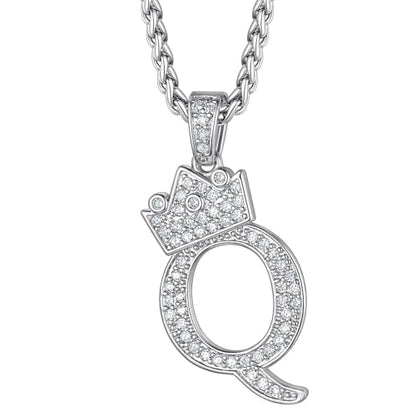 Richsteel Silver Crown Initial A-Z Letter Pendant Necklace for Men Women | Cubic Zirconia Monogram, 316L Steel Chain, 22" + 2" Extender,Hypoallergenic,Gift Box, Hip Hop Jewelry - style: Q
