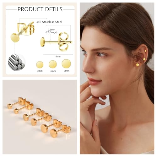 Screw on Earring Backs for Women,Hypoallergenic Surgical Steel Stud Earrings Ball Star Circle Simple Geometric Cartilage Helix Flat Back Piercing Earrings - color: 3Pairs,Gold,Dot(3-5mm)