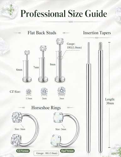 18G 316L Surgical Steel Horseshoe Nose Ring & Threadless Stud Set | Includes CZ and opal horseshoe rings, 3 threadless CZ studs and taper tools for nostril, septum, tragus and labret.