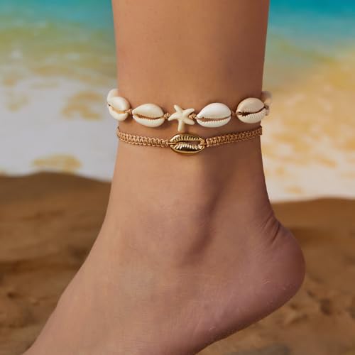 Beaded Starfish Mermaid Anklets Bracelet for Women Waterproof Starfish Shell Pearl Anklet Stackable Stretch Beaded Anklets Hawaiian Beach Jewelry Mermaid Costume Outfits Accessories - style: Shell Chain