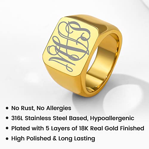 GoldChic Jewelry Personalized Signet Rings Men Women, Stainless Steel Custom Photo Bold Square/Oval Monogram/Old English Initial Pinky Stacking Statement Ring in Black/Silver/Gold (Size 7-14) - color: Gold-Monogram -Square