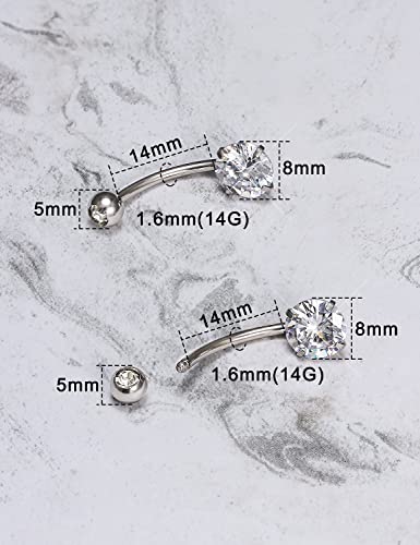 Long Belly Button Ring 6mm 8mm 10mm 12mm 14mm Surgical Stainless Steel Round Cubic Zirconia Navel Barbell Long Bar Belly Button Piercing Jewelry Silver, black, rose gold belly ring - color: 2pcs-14mm-Silver navel ring