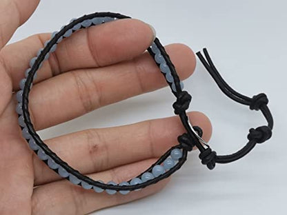 Handmade Alloy Leather Natural Stone Bead Statement Bracelet Bangle Cuff Rope 3 Wrap Adjustable Jewelry Collection - color: Blue Angle&1 Wrap Black Leather