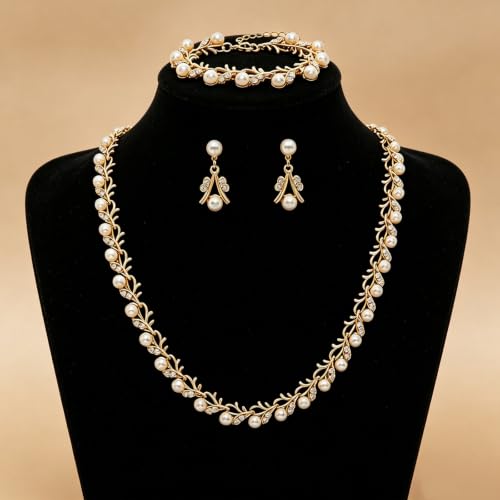 Rhinestone Pearl Jewelry Set Bracelet Necklace Earring for Women | Adjustable Extension Chain, Wedding Bridal Accessories, Faux Pearl Rhinestone Combo, Elegant Gift for Women - color: Gold