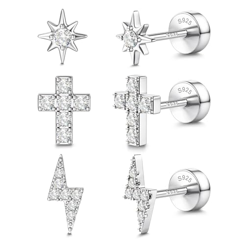 14K Gold Plated 925 Sterling Silver Flat Back Earrings Set | Hypoallergenic Cartilage Helix Conch Tragus Piercing Jewelry 3 Pairs Small Screw Dainty CZ Opal Earring Set Men Women - color: Silver, Style H