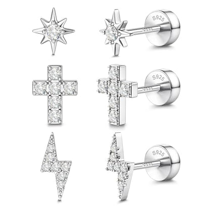 14K Gold Plated 925 Sterling Silver Flat Back Earrings Set | Hypoallergenic Cartilage Helix Conch Tragus Piercing Jewelry 3 Pairs Small Screw Dainty CZ Opal Earring Set Men Women - color: Silver, Style H
