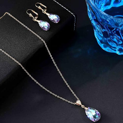 Austrian Crystals Teardrop Pendant Necklace Earrings for Women 14K Gold Plated Hypoallergenic Leverback Drop Dangle Earrings Jewelry Set - color: Vitrail Light