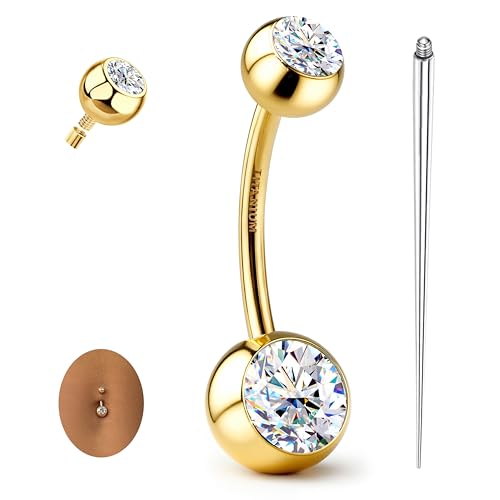 GEMQUEEN Moissanite ＆ G23 TItanium Belly Button Ring 18K Gold Plated Hypoallergenic Internally Threaded Belly Rings 14G Ball Navel Piercing Jewelry for Women Men D Color VVS1 Clarity Brilliant Cut - color: Gold-D Color Moissanite Stone, size: 16mm Length
