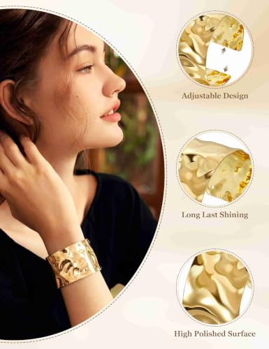 2 Pcs Gold Cuff Bangle Bracelet Set for Women Irregular Minimalist Statement Bangle Bracelets Wide Open Chunky Wire Bracelets Wrist Cuff Adjustable Hammered Bracelet - color: Gold E