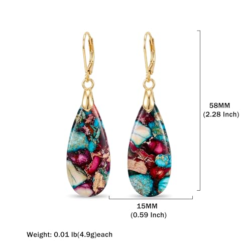 Natural Healing Teardrop Stone Leverback Dangle Drop Earrings Statement Gold earrings - color: Colorful -Gold-02