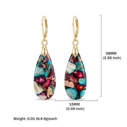 Natural Healing Teardrop Stone Leverback Dangle Drop Earrings Statement Gold earrings - color: Colorful -Gold-02
