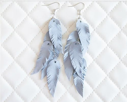 Leather Feather Earrings, Suede layered earrings, boho wedding jewelry, summer earrings, gift for her, dangle earrings - color: light blue