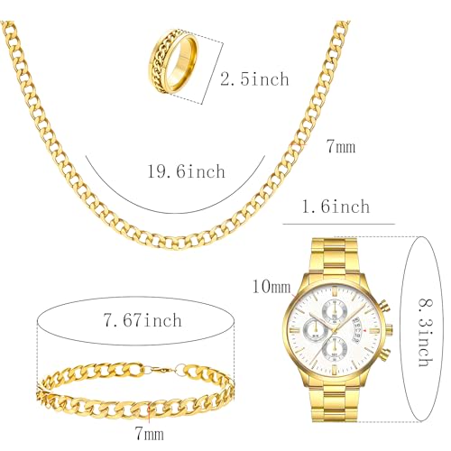 NEWITIN 4 Pieces Black Jewelry Set for Men Stainless Steel Watch Necklace Bracelet Ring Fashion Black Wristwatch Cuban Link Chain Cuban Jewelry Set for Men - color: Gold