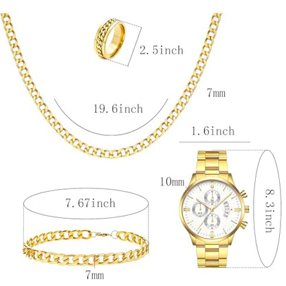 NEWITIN 4 Pieces Black Jewelry Set for Men Stainless Steel Watch Necklace Bracelet Ring Fashion Black Wristwatch Cuban Link Chain Cuban Jewelry Set for Men - color: Gold