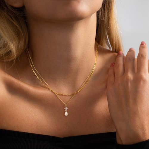 Plenky Pearl Necklaces for Women-14k Gold Plated Layered-Single Pearl Necklace Simple Pearl Choker Necklaces for Women Trendy Cute Gold Necklace Jewelry for Women Gifts - style: CZ Leaf Pearl Necklace