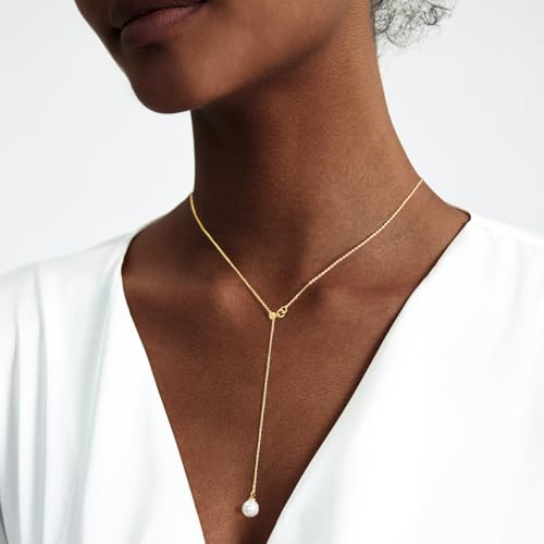 Zeffy Gold Pearl Necklace for Women, Dainty 14K Gold/Silve Plated Layered Pearl Choker Pearl Earrings Pearl Bracelets Wedding Trendy Gold Jewelry Set for Women Gifts - style: Gold Pearl Y Necklace-1PCS