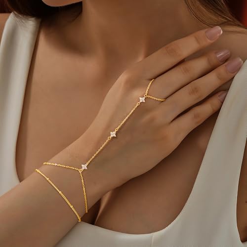 Mothers Day Gifts 14K Gold Plated Hand Chain Bracelet for Women, Stackable Gold/Silver Finger Ring Bracelet Hand Chain Dainty Non Tarnish Waterproof CZ Satellite Bead Link Adjustable Jewelry - color: Gold-Style 4