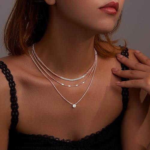 WomenGifts Layered Gold Necklaces for Women, 14K Gold Sterling Silver Plated Dainty Pendant Necklace Set Non Tarnish, Chunky Stackable Cuban Chain Choker, Trendy Birthstone Vacation Jewelry Gift - color: Rose Gold, style: Cubic Zirconia