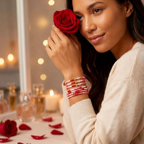 Gold Beaded Bracelets Stack for Women Stocking Stuffers 12PCS Boho Gold Plated Seed Beads Bracelet Stretch Star Stackable Accessories Jewelry Friendship Fall Christmas Gifts for Women - color: 7pcs- Pink Valentine Bracelet