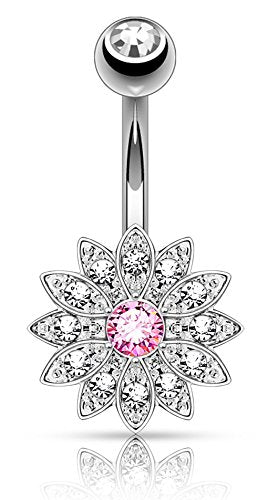 Forbidden Body Jewelry Surgical Steel Crystal Paved Petite Flower Belly Ring with Crystal Center - color: Silver Tone/Pink