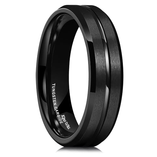 King Will Tungsten Carbide Wedding Band for Men Women-6/8/10mm Width Multicolor Available with Grooved Center Wedding Ring Suitable for Work, Gym Comfort Fit Size 4-16 - color: A-Black-6mm