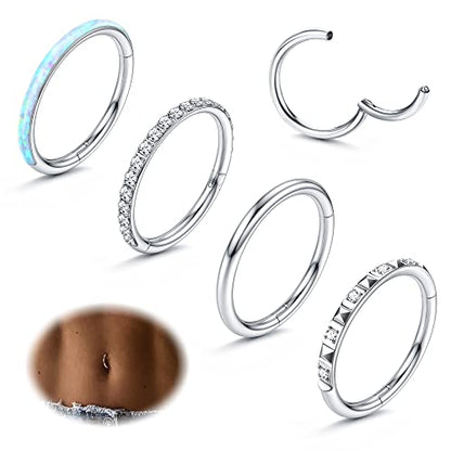 FIBO STEEL 14G Belly Button Rings 316L Surgical Steel Belly Hoop Ring Clear CZ Opal Navel Rings Clicker Segment Belly Piercing Jewelry 10mm 12mm - color: Silver Plated 12mm