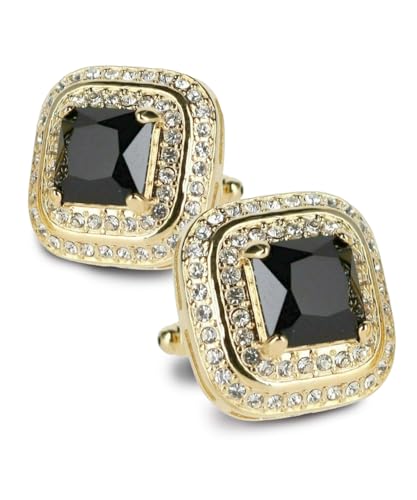 Square Colored Crystal Double Diamond Set Cufflinks - color: Black/Gold