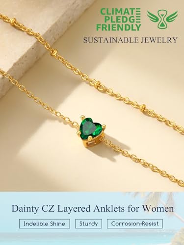 Suplight Gold Plated Butterfly Anklets for Women Waterproof, Layered Boho Ankle Bracelet with Birthstone, Stainless Steel Adjustable Non-Tarnish Heart Foot Jewelry Beach Vacation - color: 05. Heart-May. Emerald