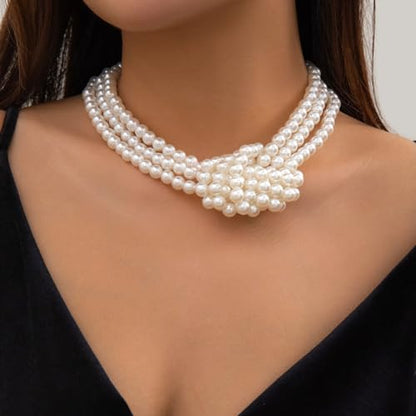 Knot Pearl Choker Necklace For Women 1920s Faux Pearl Bead Statement Necklace Adjustable Twisted Knot Charm Necklaces Jewelry Valentine Christmas Gift - color: White