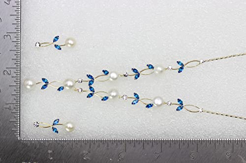 Faship Genuine Freshwater Pearls Floral Necklace Earrings Set | Premium CZ Crystal, Gorgeous, Sparkling - color: Blue / Gold Plated