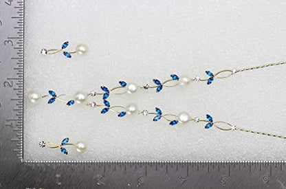 Faship Genuine Freshwater Pearls Floral Necklace Earrings Set | Premium CZ Crystal, Gorgeous, Sparkling - color: Blue / Gold Plated