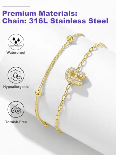 Richsteel Initial Ankle Bracelets for Women Waterproof, 14K Gold Plated/Silver Stainless Steel Anklets, Dainty Adjustable Layered Anklets with Bubble Letter, Non Tarnish Summer Beach Jewelry with Gift Box - color: H-Gold-Plated