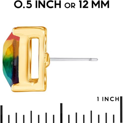 Large Square Stud Earrings for Women - Big Sparkly Rhinestone Studs | Plated in Gold Tone or Silver Tone, Hypoallergenic and Safe for Sensitive Ears - color: Rainbow Glitter