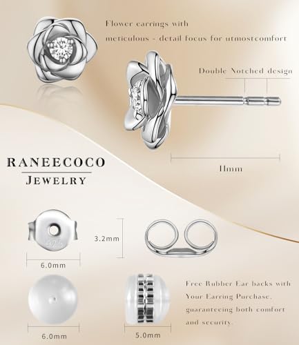 Gold Plated Sterling Silver Rose Flower Earring Studs, Hypoallergenic & Nickel Free Earrings for Women - color: White Gold Plated Silver, size: 9.0 Millimeters