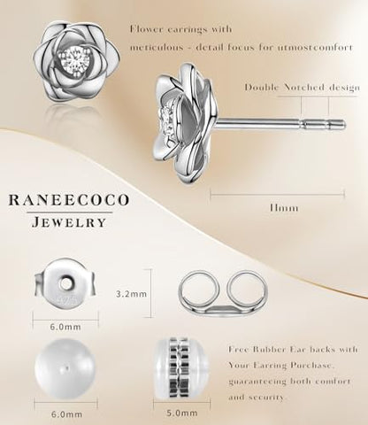 Gold Plated Sterling Silver Rose Flower Earring Studs, Hypoallergenic & Nickel Free Earrings for Women - color: White Gold Plated Silver, size: 9.0 Millimeters