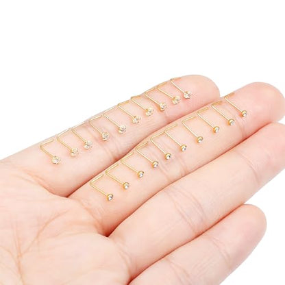 Hoeudjo Nose Studs Surgical Steel Cubic Zirconia Nose Rings Kit for Women Men Tiny Nose Stud Screw & Bone & L Shaped Nostril Piercing Jewelry 24-18 Gauge 20 Pieces Set - color: gold-tone,L-shaped nose studs, size: 24g/2.0mm clear CZ