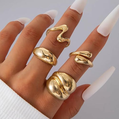 Roe Dolph Chunky Gold Rings for Women Stackable Statement Ring Set | Mixed sculptural shapes and polished surfaces create bold stacking combinations for parties dinners and everyday outfits - color: A2