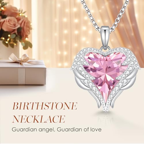 CDE Angel Wings Heart Birthstone Pendant Necklace Gift for Women | Silver/Gold Tone,Ideal Birthday & Anniversary Jewelry Gift for Wife,Girlfriend,Her - color: White-10-Opal Pink Birthstone