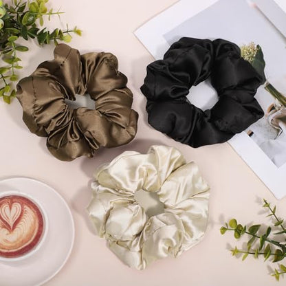 3 Pcs Large Satin Scrunchies, 6 Inch Hair Ties For Thick Curly Hair | Sleepy Hair Tie, Self-Care Gifts, Soft Padded Satin, Hair Scrunchies, Reduces Frizz and Pulling, for Thick or Fine Hair - color: Brown Series