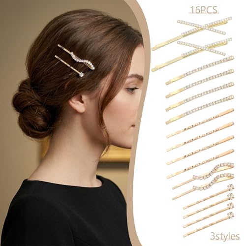 Nogeqi 16PCS Rhinestone Bobby Pins, Decorative Rhinestone Hair Clips, Elegant Metal Crystal Diamond Hair Pins for Women Girls Bridal Wedding Party Accessories (Gold)