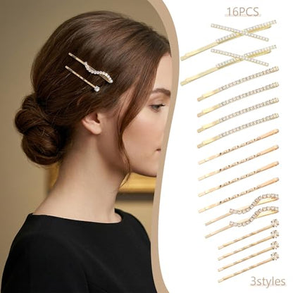 Nogeqi 16PCS Rhinestone Bobby Pins, Decorative Rhinestone Hair Clips, Elegant Metal Crystal Diamond Hair Pins for Women Girls Bridal Wedding Party Accessories (Gold)