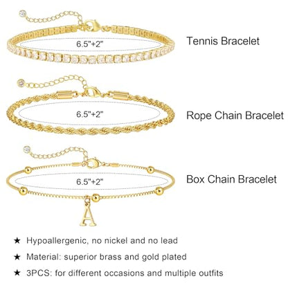 Gold Bracelets for Women Girls - Dainty Gold/Silver Bracelet Stack Jewelry Set Personalized Initial Bracelets Cute Stackable Rope Box Chain Tennis Bracelets Gifts for Women Teen Girl Gifts - color: M-Gold