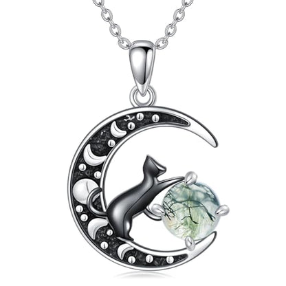 Witch Necklace 925 Sterling Silver Pentagram Triple Moon Pentacle Pendant Wiccan Pagan Jewelry Witchy Gifts for Women - style: Black Cat-2