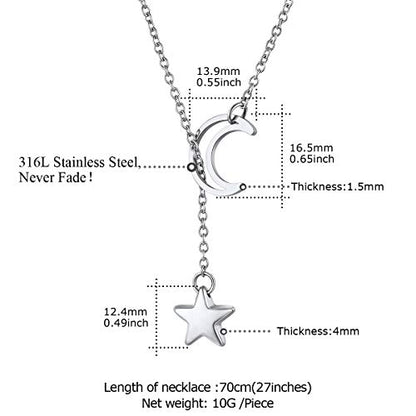 FOCALOOK Heart Lariat Necklaces for Women, Long Slip Chain Necklace | Hypoallergenic 316L Stainless Steel Silver/Black/Gold Plated, Front Slider Closure, Non Tarnish, Layered look, Everyday Wear - color: 18:Silver Star Moon