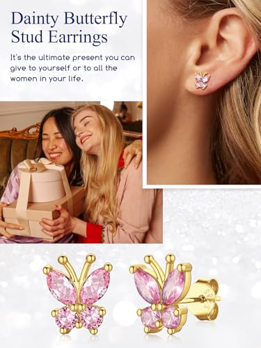 Suplight Butterfly Stud Earrings 925 Sterling Silver 14K Gold Brithstone Earrings for Women Brithstone Jewelry Gifts - color: 10.October ( Pink Tourmaline), size: Gold