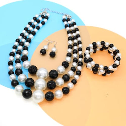 We We Imitation Pearl Necklace for Women Large Chunky Pearl Necklaces Multilayer Pearl Necklace and Earring 1920s Costume Jewelry set - color: Black white pearl necklace set