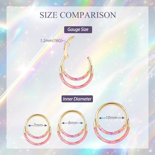GAGABODY Septum Jewelry 16 Gauge Earrings Double Hoop Daith Earring Surgical Steel Hinged Nose Rings Nose Hoop Helix Tragus Rook Piercing - color: Style6:1pc Gold+Purple Opal Double Hoop