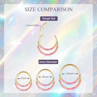 GAGABODY Septum Jewelry 16 Gauge Earrings Double Hoop Daith Earring Surgical Steel Hinged Nose Rings Nose Hoop Helix Tragus Rook Piercing - color: Style6:1pc Gold+Purple Opal Double Hoop